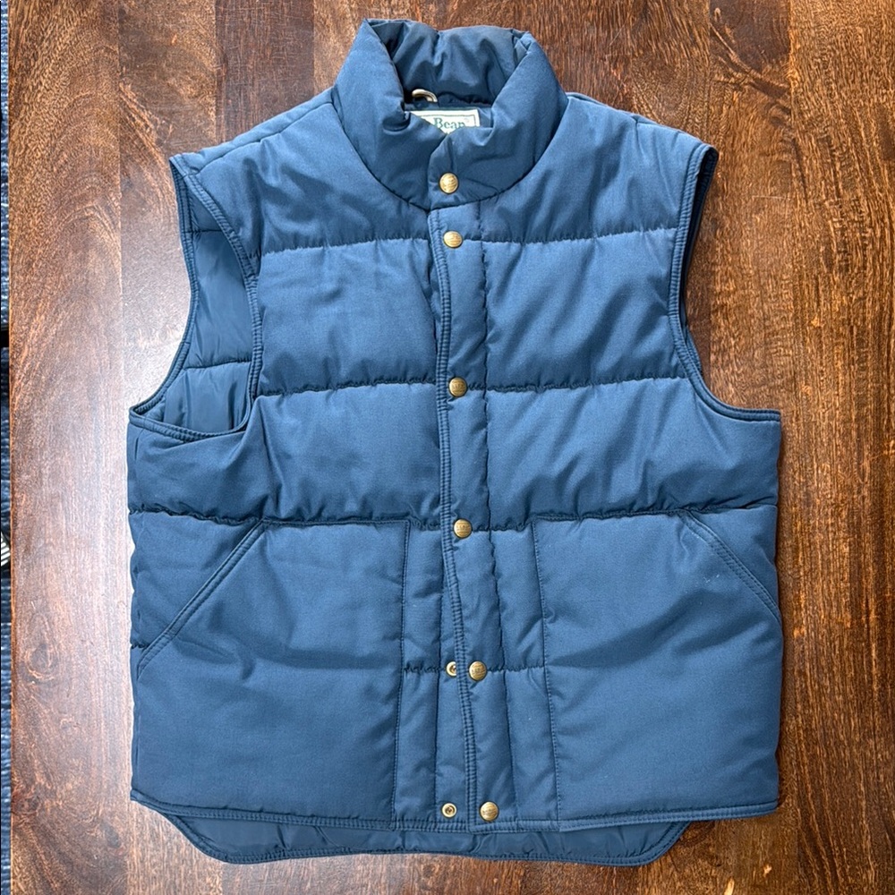 L.L. Bean Blue Puffer Vest with Gold Accents